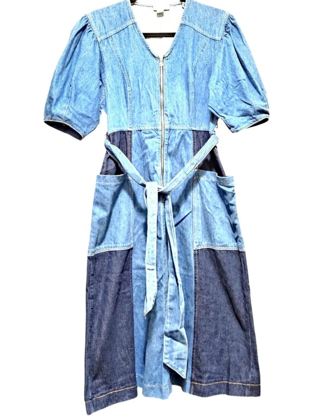 Aligne Denim Patchwork Midi Dress With Puff Sleeves Belted Waist & Pockets UK 12